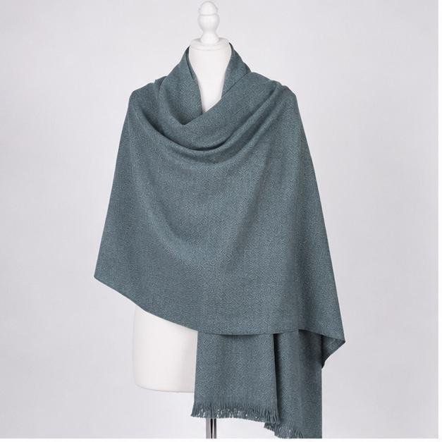 Handmade Pashmina Shawl in Stone Blue Jacquard Pattern by KAARIGAR