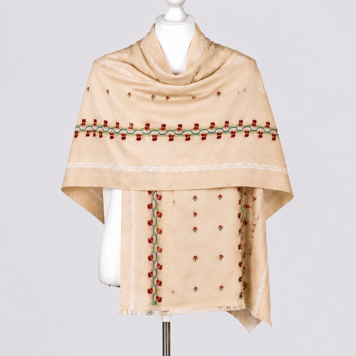 Soft Ivory Beige Jaalidar Vintage Garden Himalayan Handmade Embroidered Shawl