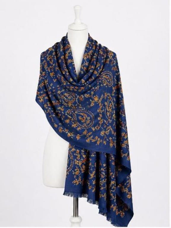 Cobalt Blue Ruby Mughal Jaal Himalayan Handmade Embroidered Shawl