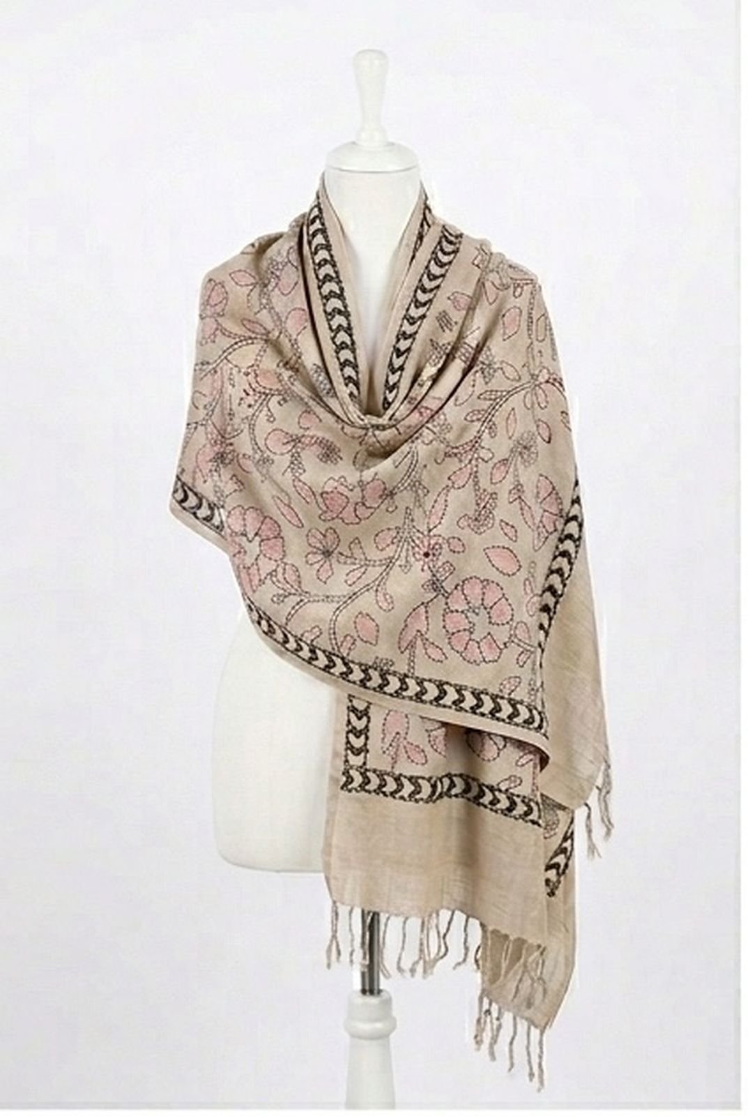 Soft Sand Beige Pinky Floral Garden Himalayan Handmade embroidered Shawl