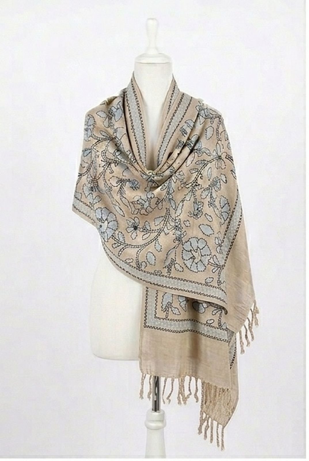 Soft Sand Beige Silver Floral Garden Himalayan Handmade embroidered Shawl