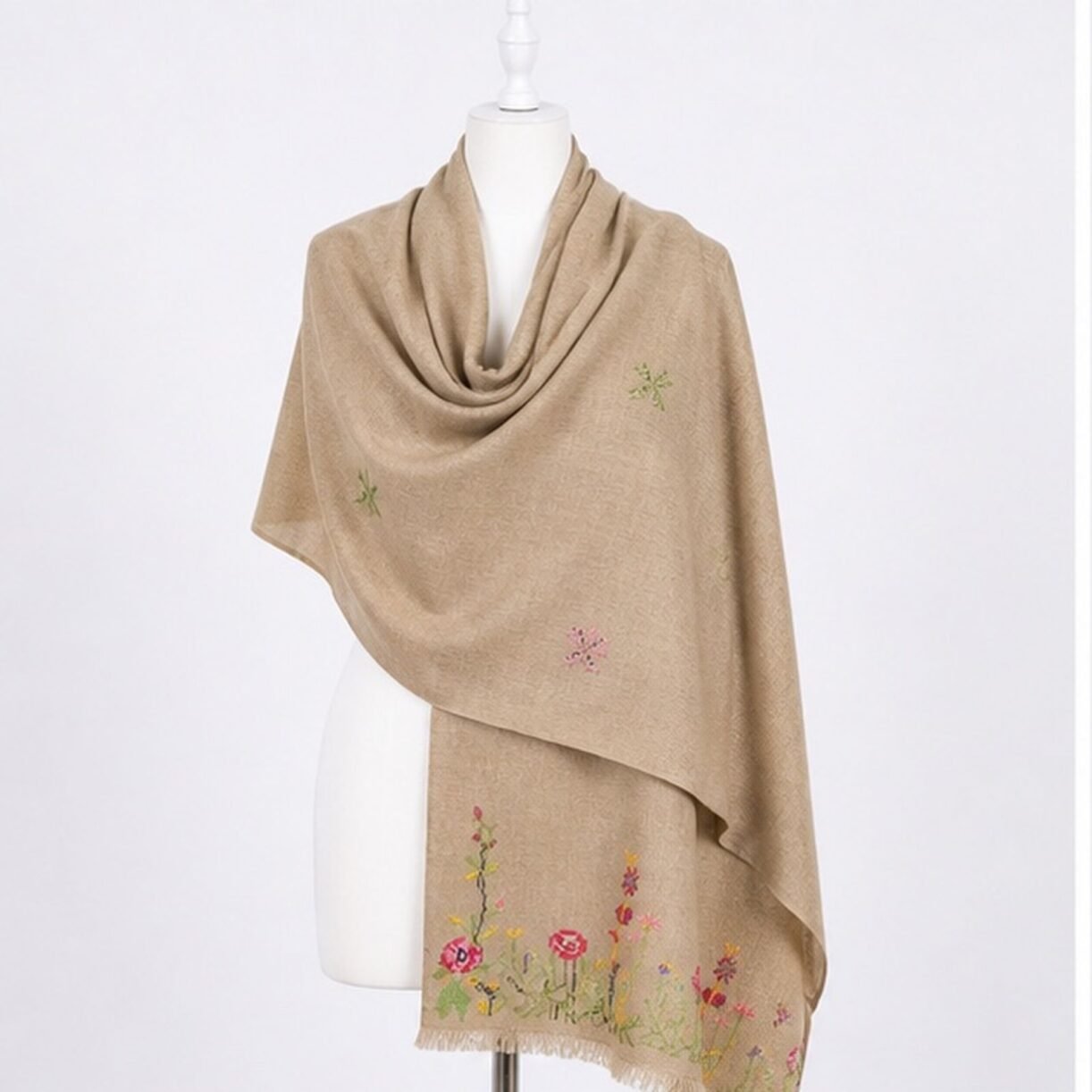 Golden Sand Beige Blossom Meadow Himalayan Handmade embroidered Shawl