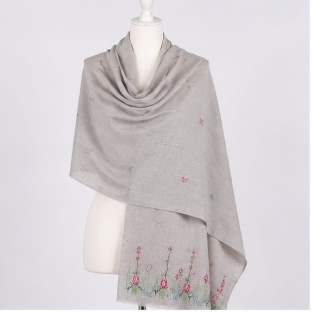 Pearl Grey Blossom Meadow Himalayan Handmade embroidered Shawl