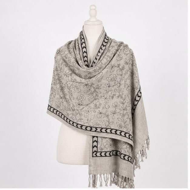 Moonstone Grey Beige Floral Garden Himalayan Handmade embroidered Shawl