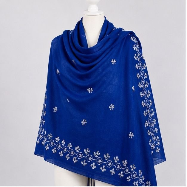Cobalt Blue Snowflake Himalayan Handmade Embroidered Shawl