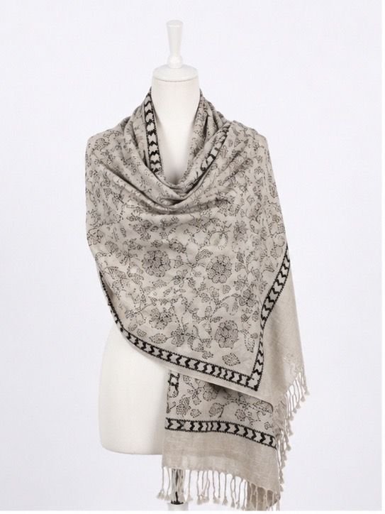 Silver Ash Beige Floral Garden Himalayan Handmade embroidered Shawl